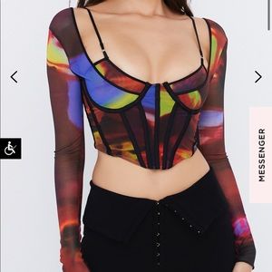 House of Cb Mischa galaxy print mesh knit corset bustier cropped long sleeve top